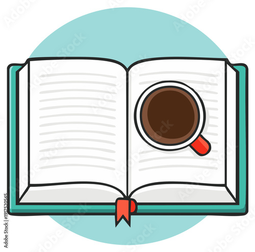 Opened book illustration with a cup of coffee, bookmark in a circle concept flat style, reading time