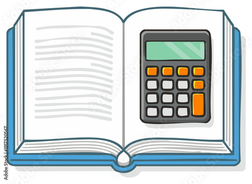 A cartoon illustration of an open textbook with a calculator representing math finance and education concepts