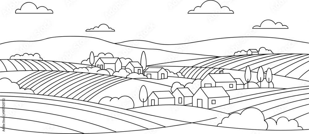 Fototapeta premium Rural farmland landscape line art flat vector illustration, rolling hills, village houses, crop fields, countryside, trees, peaceful design