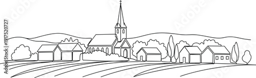 Rural village landscape line art flat vector illustration, church steeple, houses, farmland, countryside, hills, trees, peaceful design