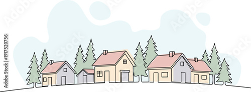 Village houses with trees flat vector illustration, rural community, countryside landscape, minimal design, neighborhood scene, stylized artwork