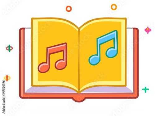Colorful cartoon songbook with musical notes for education and learning