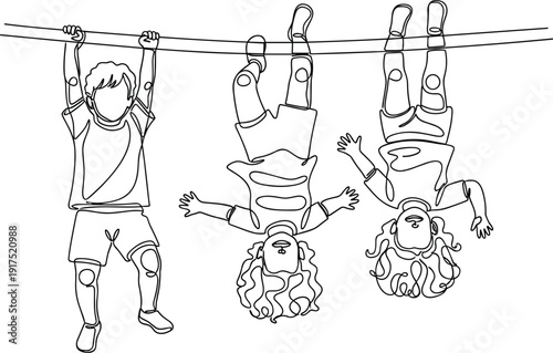 Children playing on playground flat vector illustration, horizontal bar, fun activity, teamwork, energy, childhood, minimal line art 
