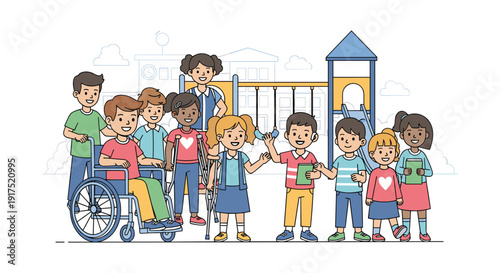 Diverse children at school playground flat vector illustration, inclusive education, disability representation, friendship, diversity, smiling kids, community design