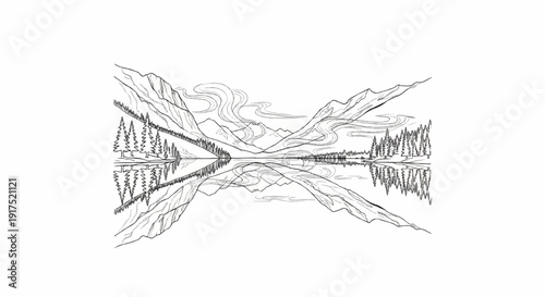 Line art sketch of a serene mountain lake reflecting trees and peaks under swirling clouds