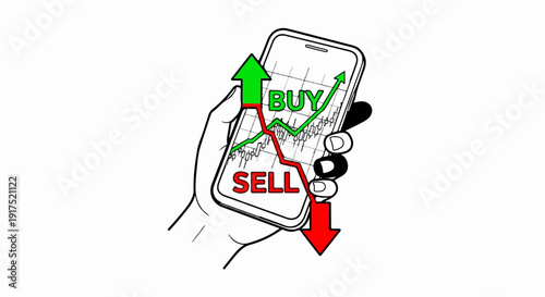 Hand holding phone with buy/sell stock market graph