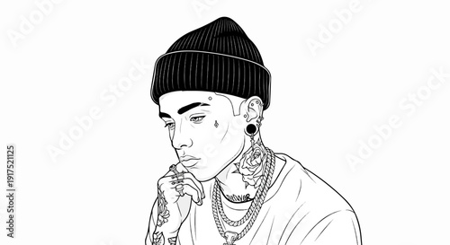 Line art portrait of a young man with tattoos, piercings, and a beanie