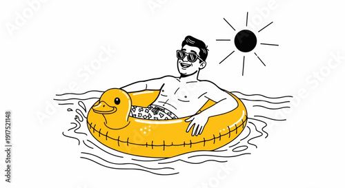 Man with sunglasses relaxes in a yellow duck float under the sun