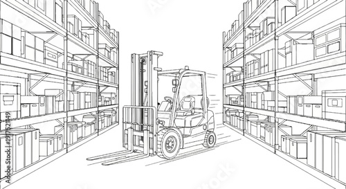 Forklift operates in a warehouse aisle lined with shelves of boxes