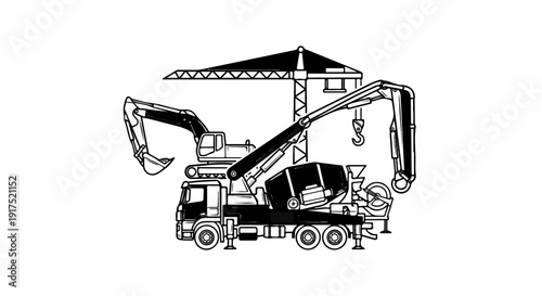 Heavy construction machinery including an excavator, crane and cement mixer truck