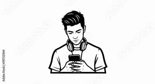 Man with headphones looking at phone