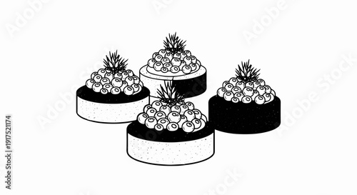 Four abstract sushi rolls topped with berries and sprigs