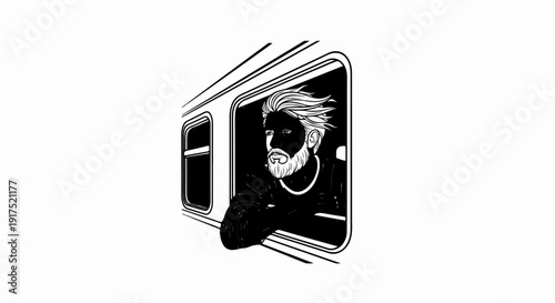 Man with windswept hair looks out of a train window, arm resting on sill