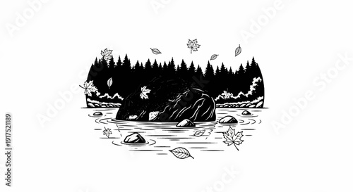 Falling autumn leaves float on a serene river with a large boulder and forest