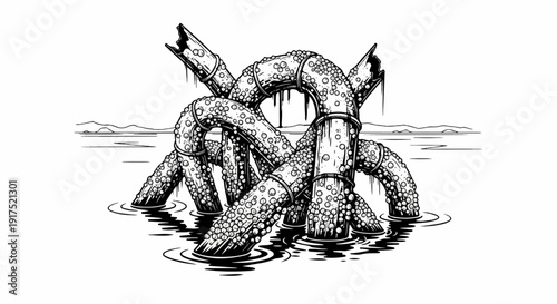 Intricate knot of barnacle-encrusted pipes submerged in murky water
