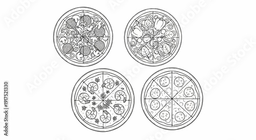 Four distinct round pizzas, each with unique toppings and sliced