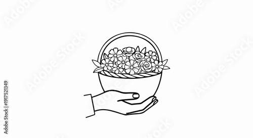 Line drawing of a hand holding a basket overflowing with assorted flowers