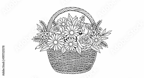 Intricate line art of a woven basket overflowing with roses and daisies