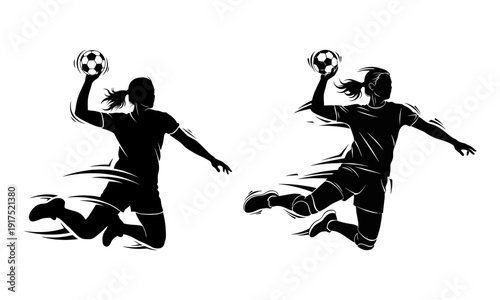 Dynamic female basketball player silhouette jump shot action - vector illustration