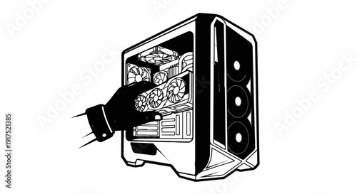 Hand installs graphics card into open computer case with fans