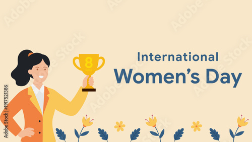 Strong woman with Trophy. Pastel happy women's day illustrator background. Flat design style background.