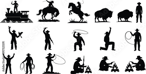 Wild West cowboy silhouette collection, black and white vector illustration set featuring rodeo riders, bison, train and campfire scenes isolated