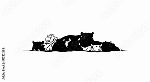 Family of hippos resting in water, some submerged