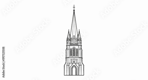 Intricate line drawing of a tall, pointed church spire with arched entrances and windows