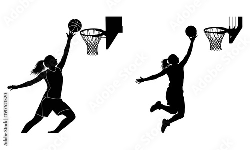 Dynamic female basketball player silhouette jump shot action vector