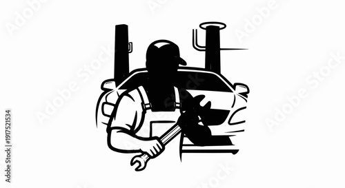 Mechanic in uniform with a cap holding a wrench by a car