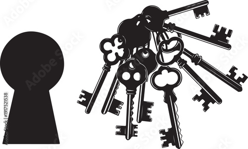 Keys and keyhole in black and white illustration style
