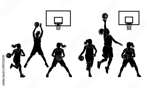 Dynamic female basketball player silhouette jump shot action vector illustration