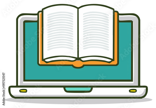 Open book on a laptop computer screen representing e-learning and online education