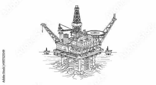 Intricate line drawing of an offshore drilling platform with cranes and waves