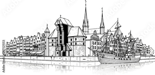 Historic waterfront cityscape with tall ships, old buildings, and towers