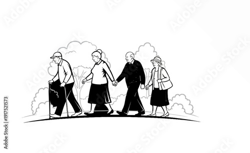 Four individuals walk in a line, holding hands