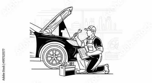 Mechanic kneels by car with hood up, holding wrench, checklist, tool case