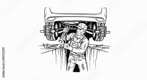 Mechanic works on car in pit using wrench, tools nearby, overhead view