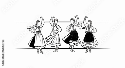 Four women in traditional folk costumes dancing in unison