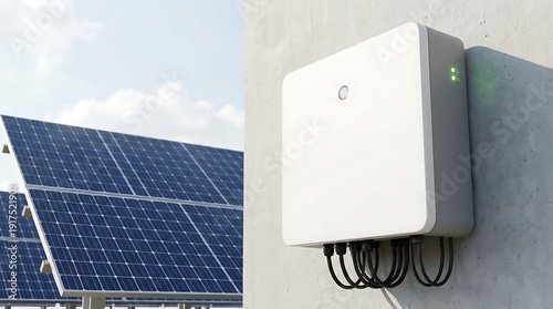 Solar energy system components, solar panels generating electricity, and smart inverter mounted on wall, clean power generation, sustainable energy, renewable power technology.