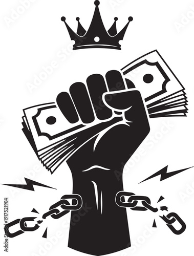 A black hand clutching money breaking free from chained constraints