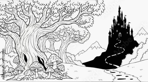 A coloring page for children shows the edge of a dark forest with twisted trees and mushrooms, and a castle in the distance.
