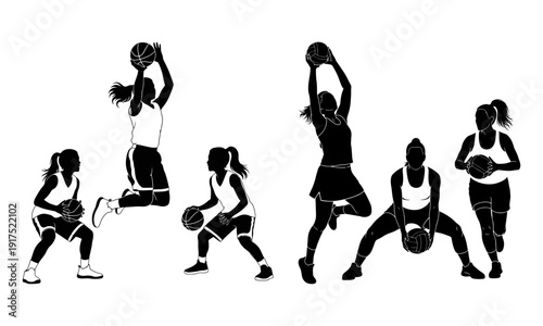Female basketball player silhouette jump shot action - dynamic vector illustration