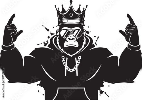 Cool gorilla wearing a crown and sunglasses makes a hand gesture