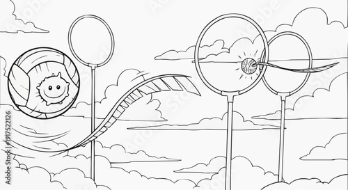 Coloring page for children - a dynamic scene of a Quidditch match high in the air