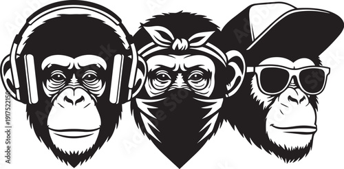 Two chimpanzees wearing headphones a striking black and white illustration
