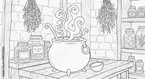 Coloring page for children - a round cauldron with a ladle stands on a small table with a brewed potion, steam rising from it in curls