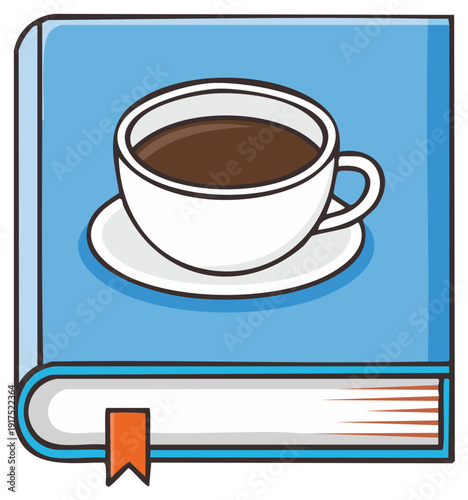 Cartoon Coffee Cup on a Blue Book with a Bookmark Reading Concept Icon