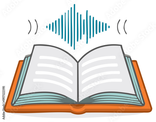 Open book with abstract sound wave symbol for audio content and e-learning concept