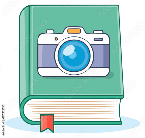 Illustrated book featuring camera icon representing photography studies and photographic learning resources